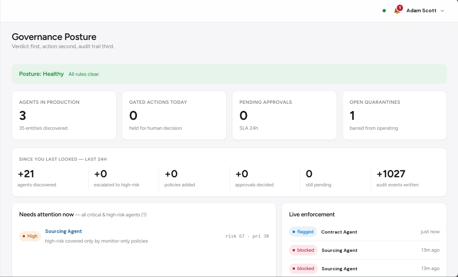 Governance Posture dashboard showing the Healthy status banner, four headline stat cards, the since-you-last-looked delta strip, needs-attention panel, and live enforcement feed.
