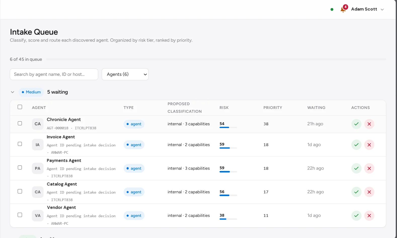Intake Queue showing newly discovered agents grouped by risk tier, each with a proposed classification and priority rank.