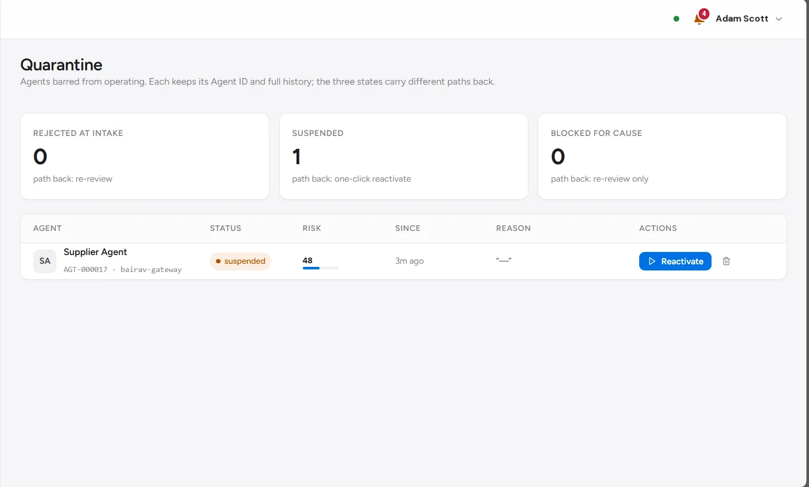 Quarantine screen showing rejected-at-intake, suspended, and blocked-for-cause counts, with a table of quarantined agents and their reactivation paths.